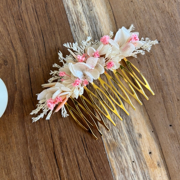 Peigne fleurs séchées rose/blanc