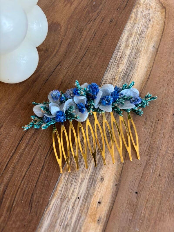 Peigne fleurs séchées bleu