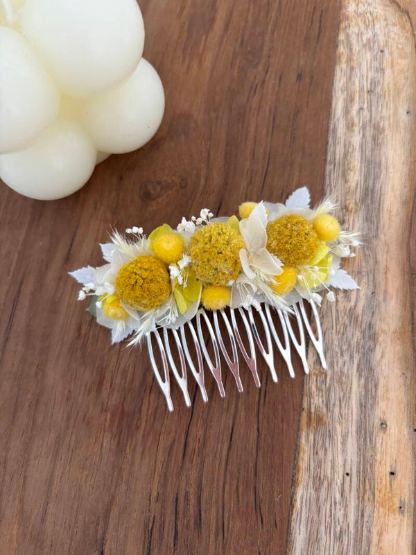 Peigne fleurs séchées jaune/blanc