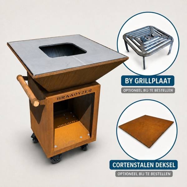 BRAADYZER Cortenstalen BBQ Plancha – Houtgestookte Plancha BBQ op Wielen