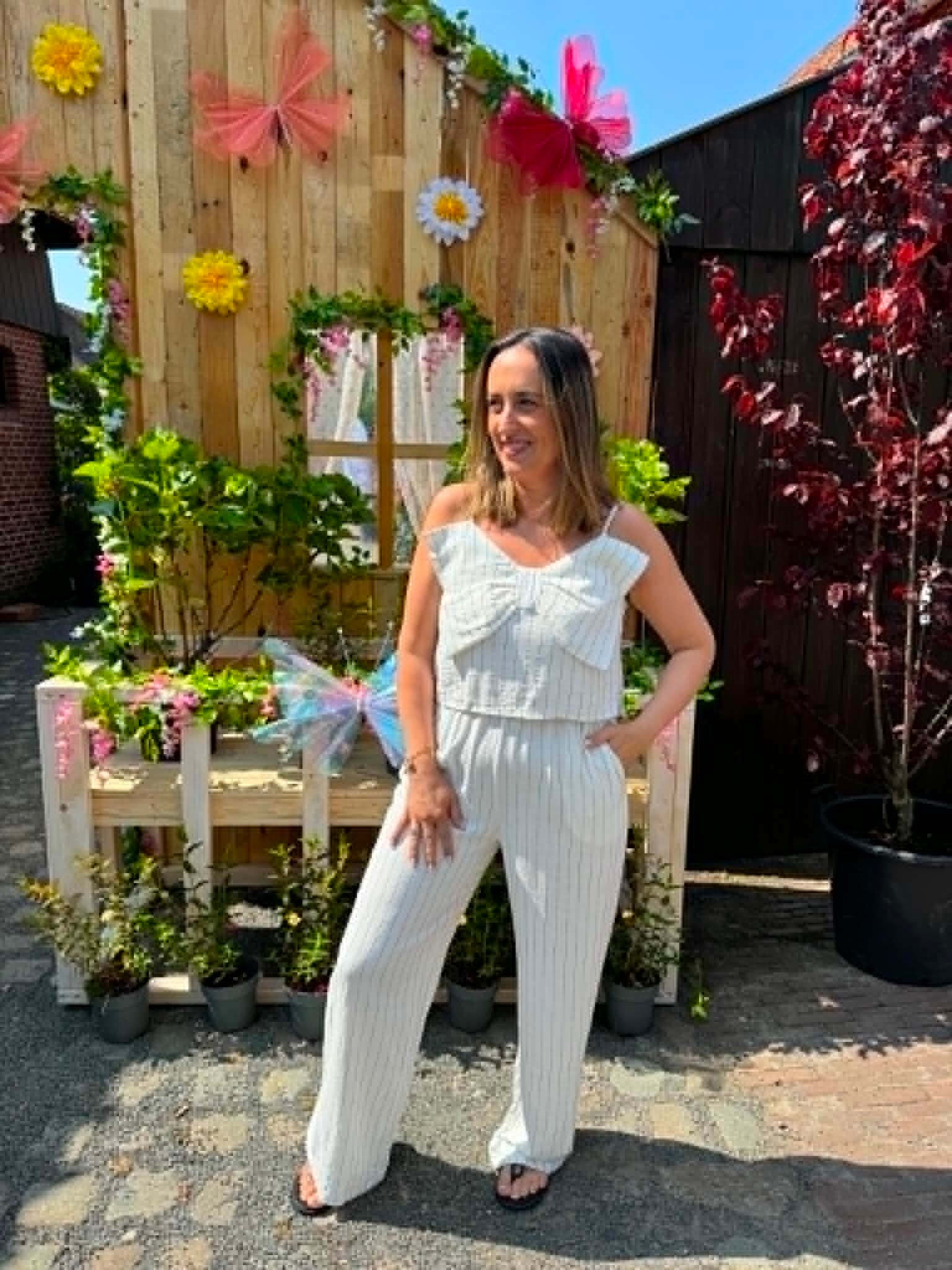Bow white/ stripe jumpsuit
