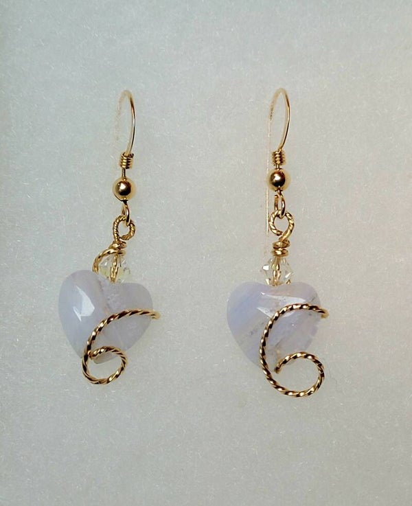 Gold Blue-lace Agate Heart Earrings