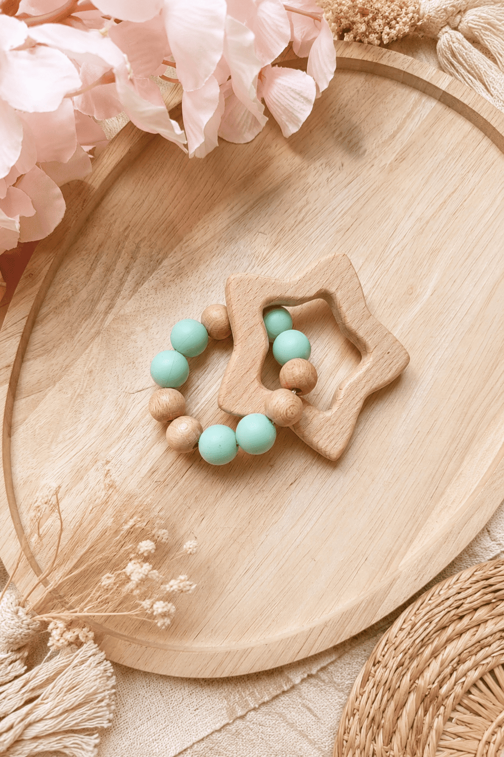 Anneau de dentition perles bois silicone