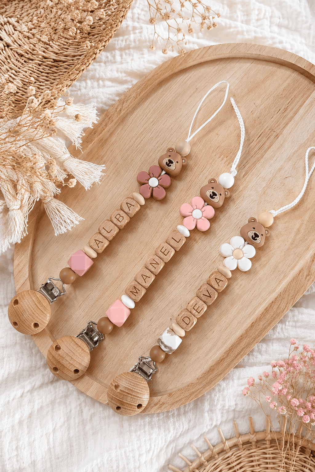 Attache tétine ourson fleur