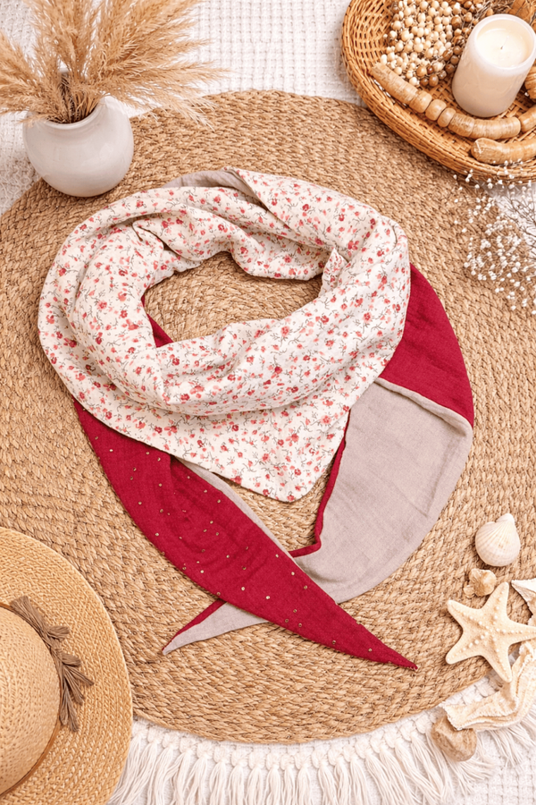 Chèche femme fleurs bordeaux taupe