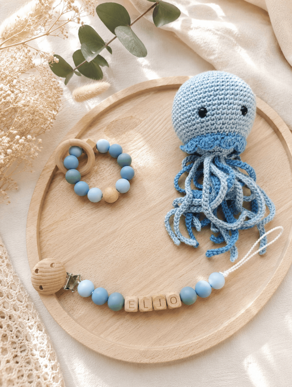Coffret pieuvre , attache tétine, anneau de dentition bleu
