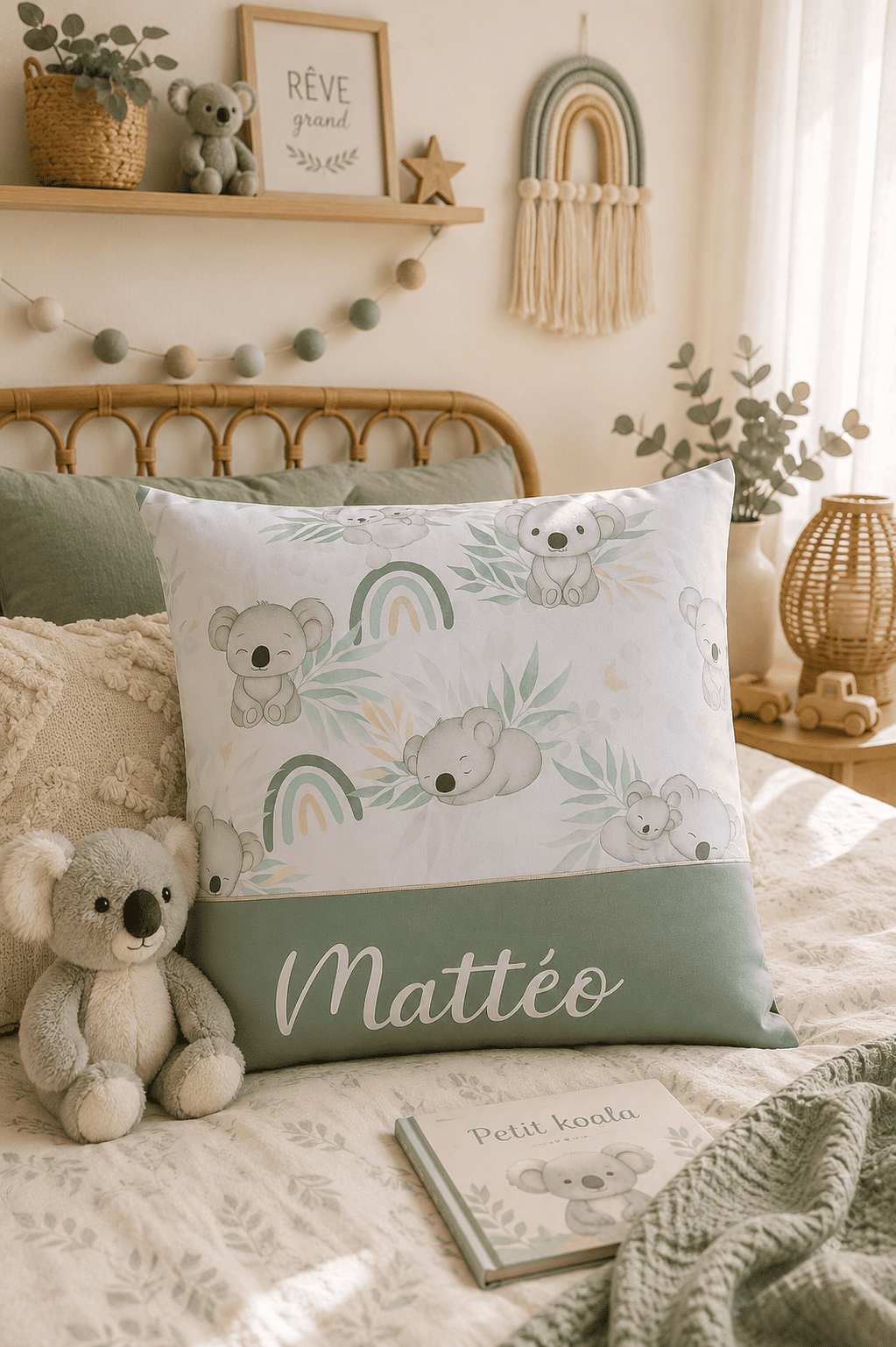 Coussin de naissance koalas arc en ciel