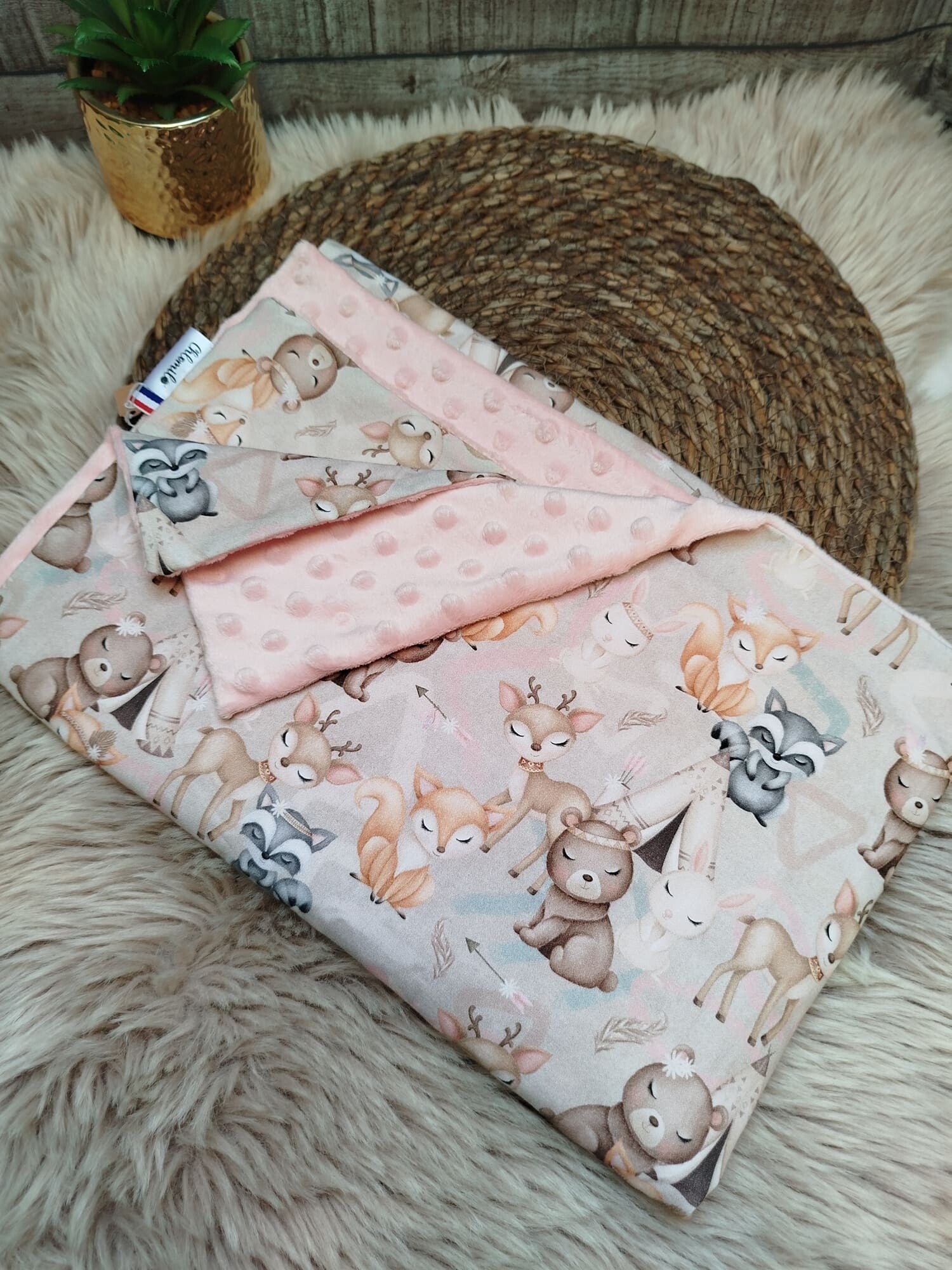 couverture bébé  en coton savane et minky écru idéal cadeau naissance