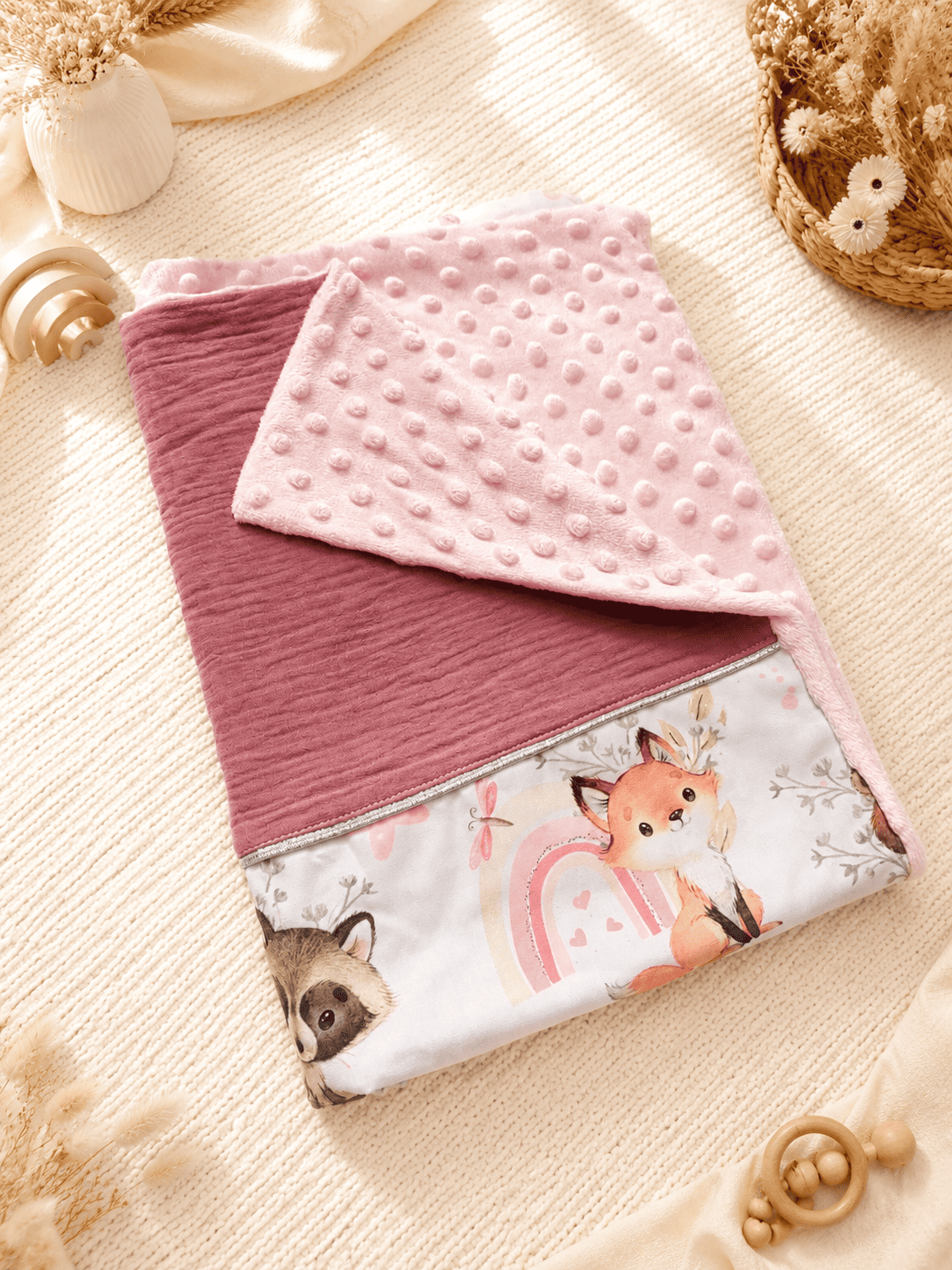 Couverture berceau coton animaux forêt / minky rose