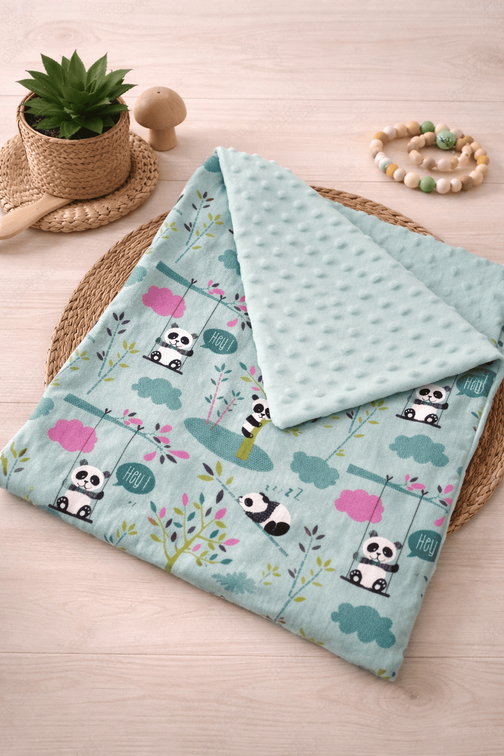 Couverture petit lit coton panda / minky turquoise