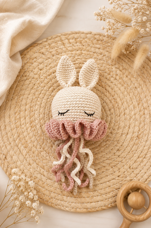 Doudou lapin tentacules rose ecru beige