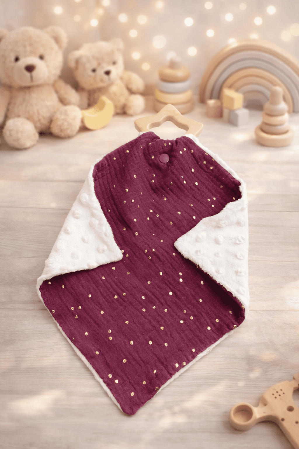Doudou plat prune/ blanc anneau bois étoile