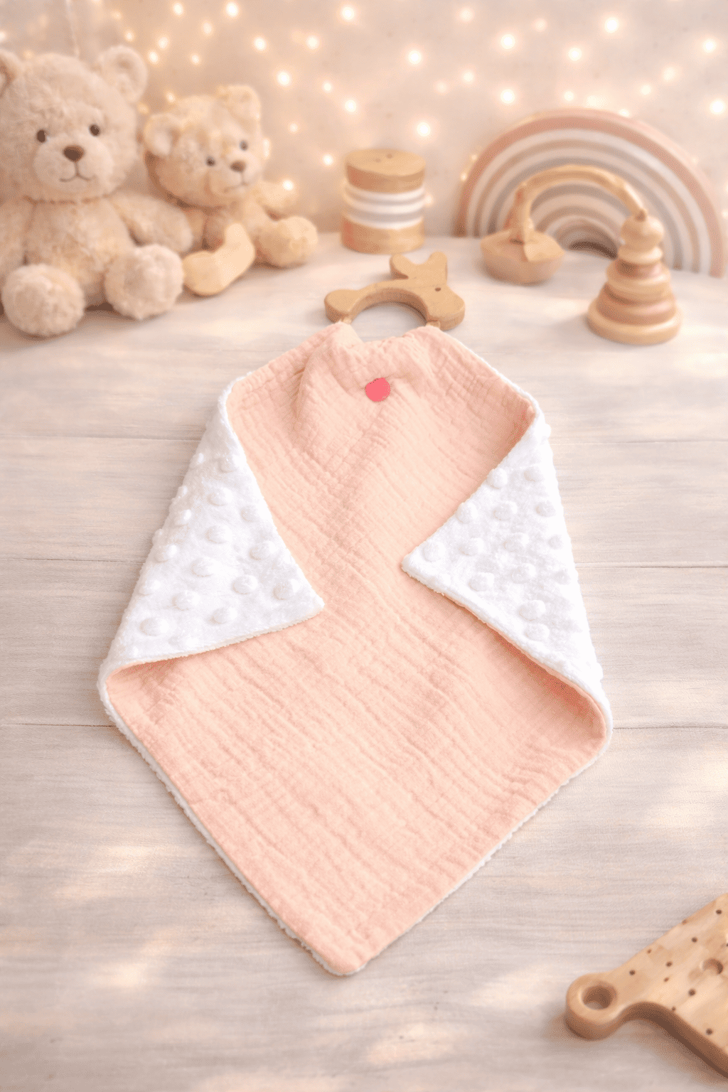 Doudou plat rose/ blanc anneau bois lapin