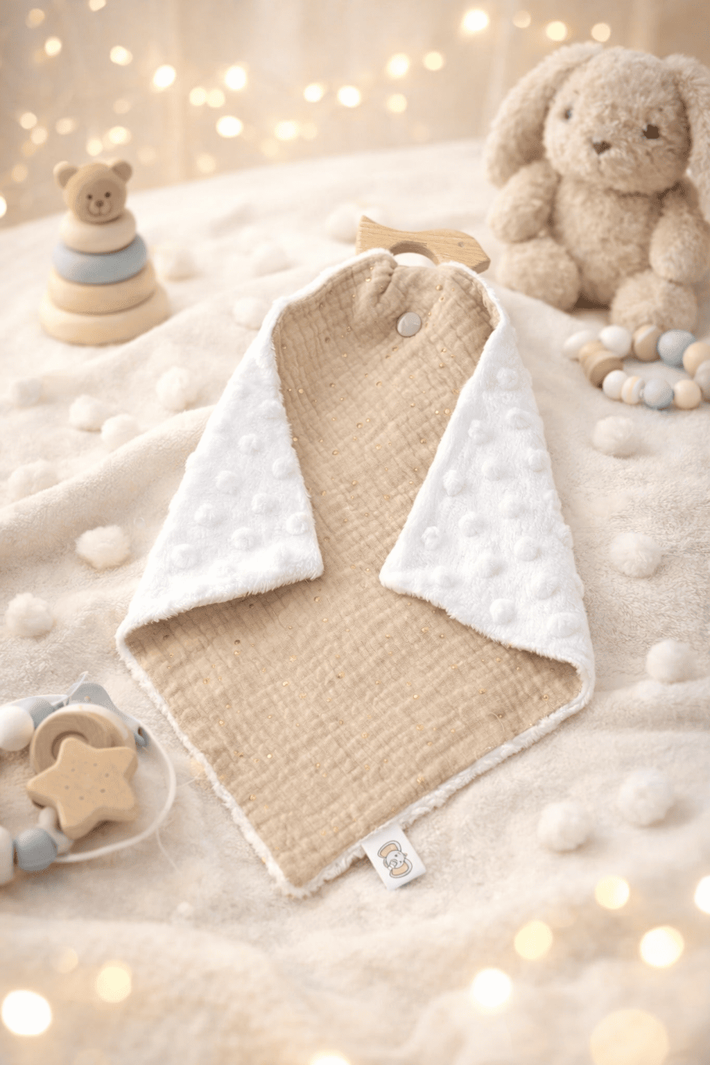 Doudou plat taupe/ blanc anneau bois oiseau