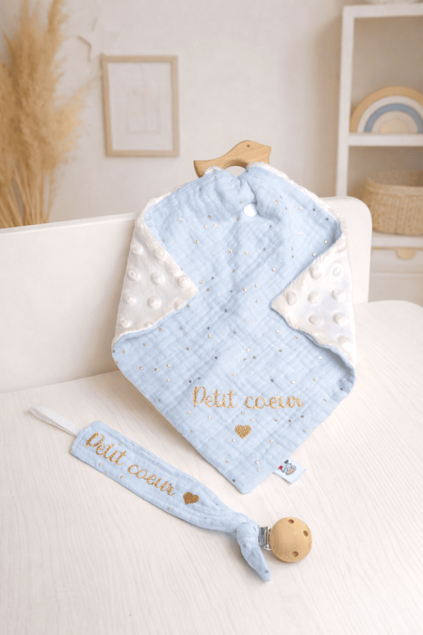 Duo doudou/ attache tétine bleu