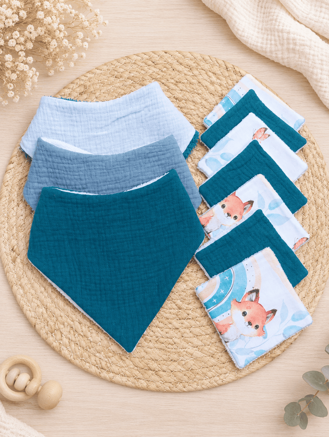 Ensemble bavoirs bandana + lingettes lavables