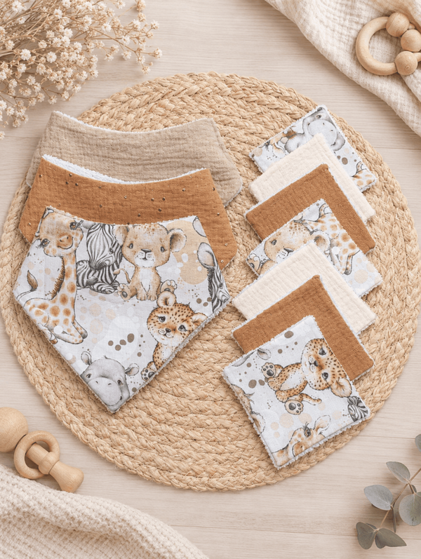 Ensemble bavoirs bandana + lingettes lavables