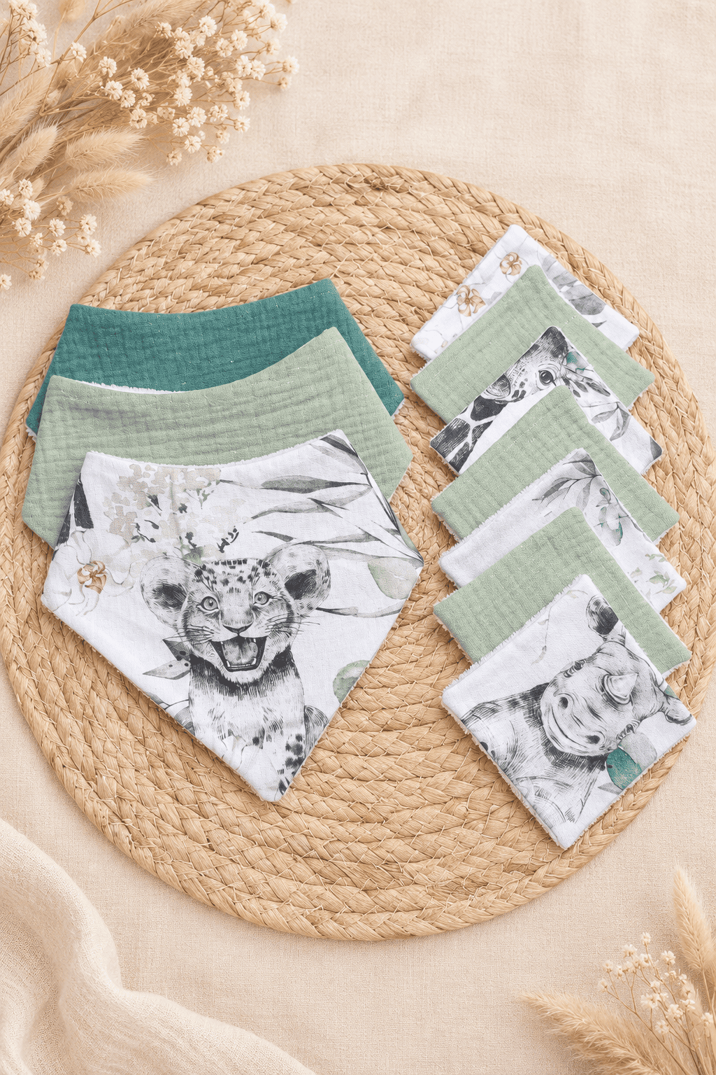 Ensemble bavoirs bandana + lingettes lavables