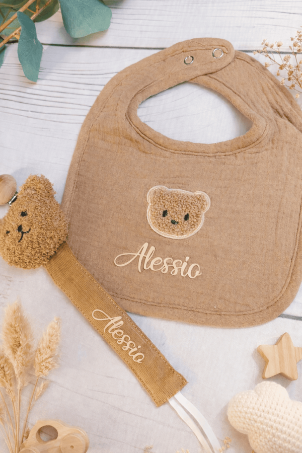 Ensemble bavoir ourson + attache tétine