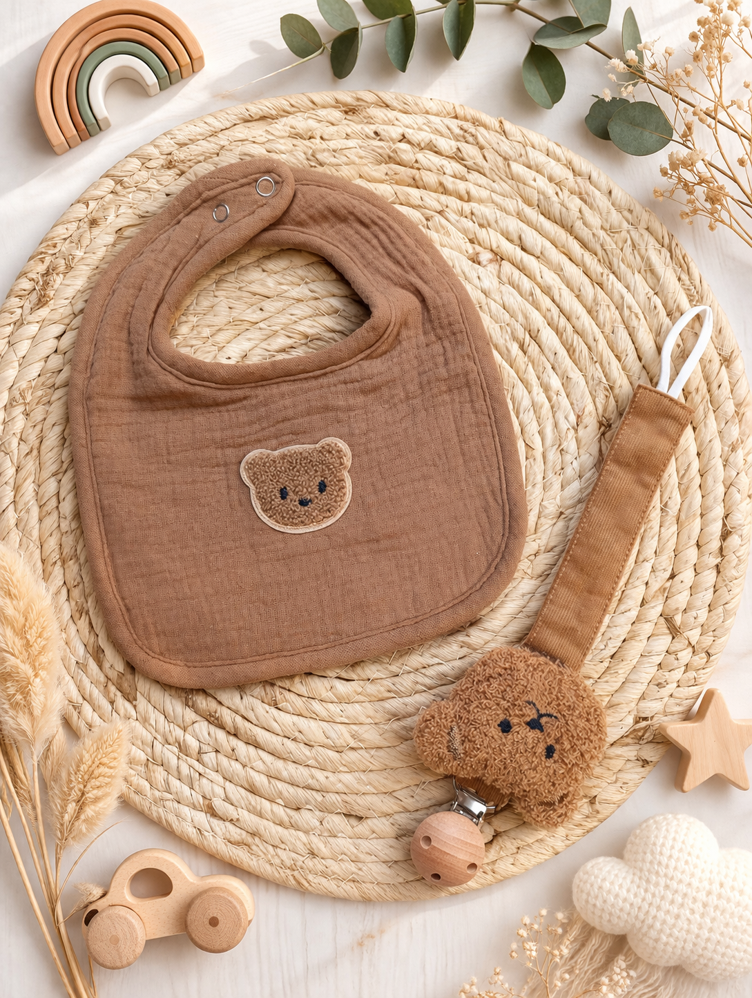Ensemble bavoir ourson + attache tétine