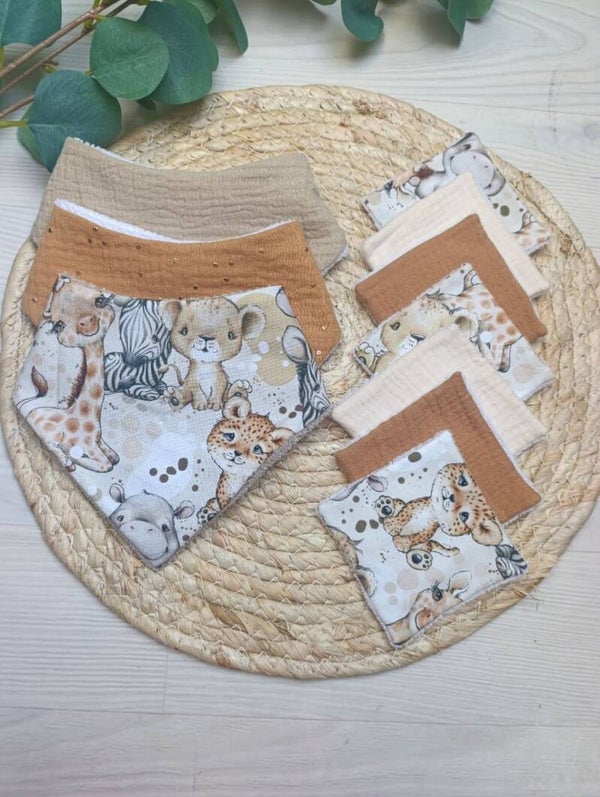 Ensemble bavoirs bandana + lingettes lavables