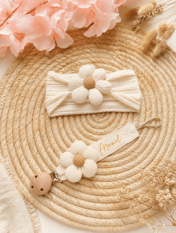 Ensemble bandeau et attache tétine Ecru fleur