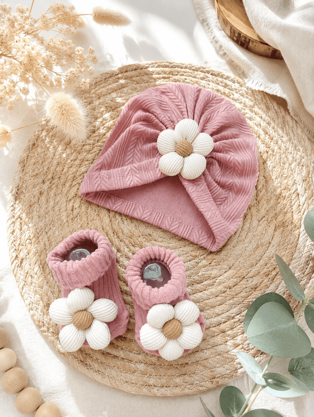 Ensemble bébé turban chaussons fleur