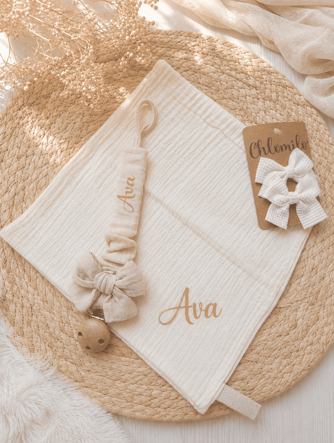 Ensemble doudou attache tétine barrettes