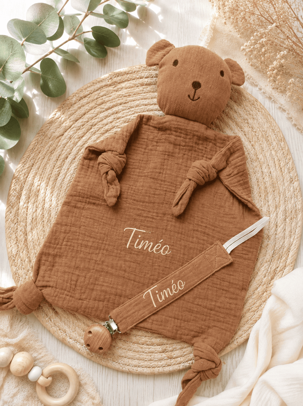 Ensemble cadeau doudou ourson attache tétine