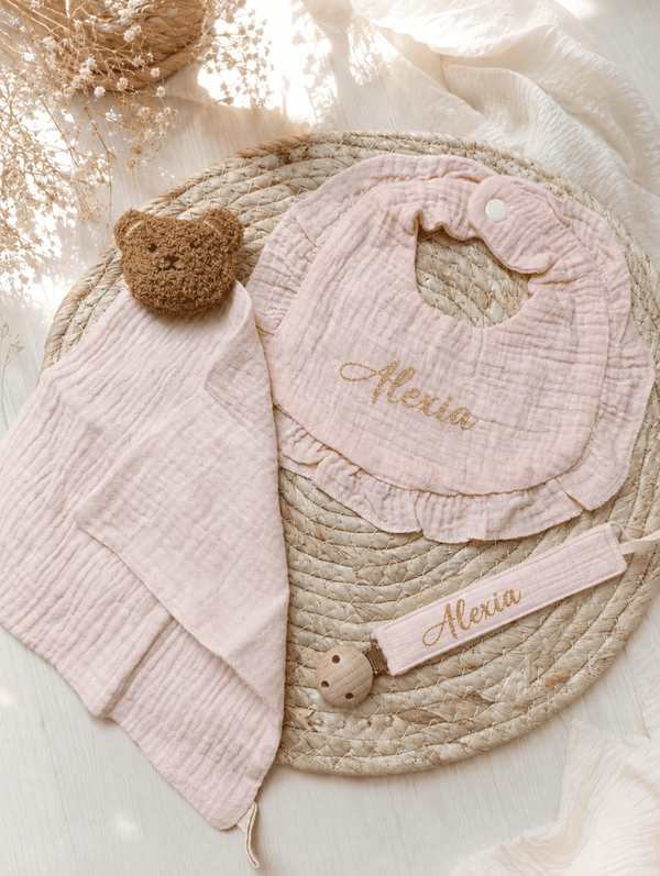Ensemble doudou ourson bavoir attache tétine