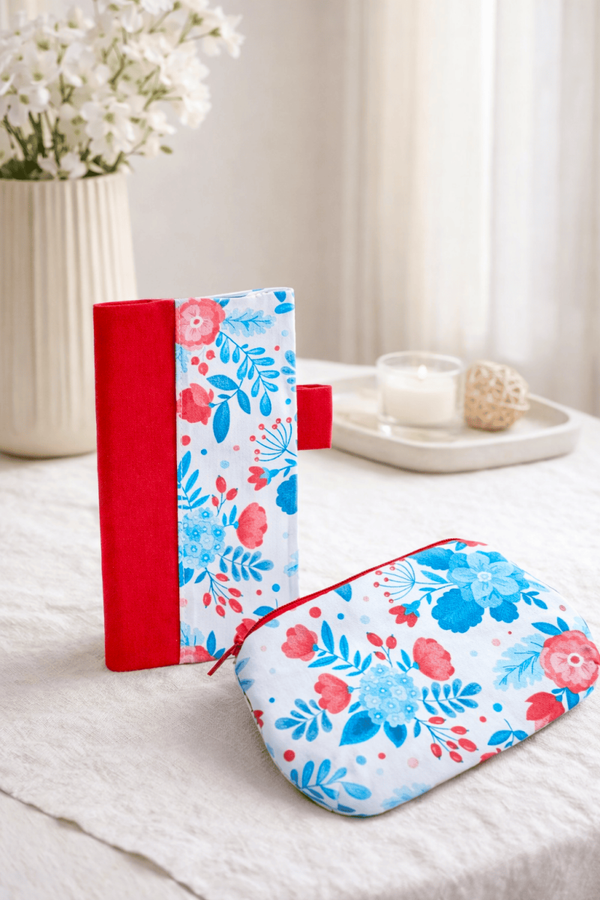 Duo Protège chéquier et porte monnaie fleurs rouges et bleues
