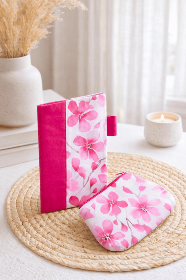 Duo Protège chéquier et porte monnaie fleurs roses