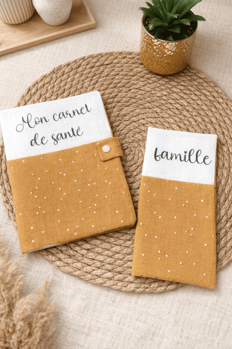 Protège carnet de santé et livret de famille assorti camel glitter