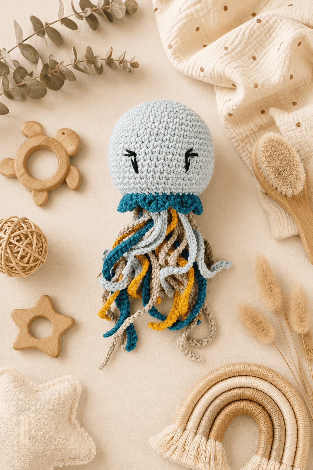 Pieuvre bleu / beige/ safran