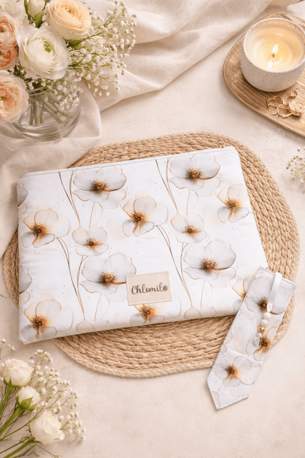 Pochettes à livres + marque page fleurs blanches