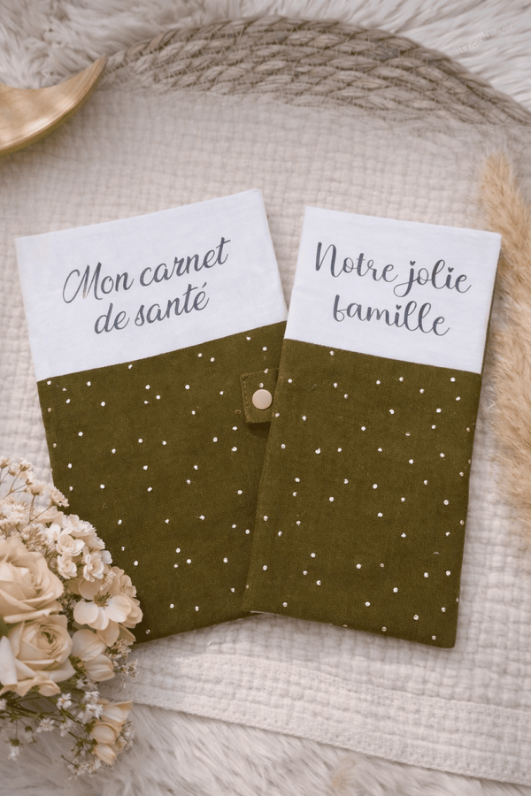 Protège carnet de santé et livret de famille assorti kaki glitter