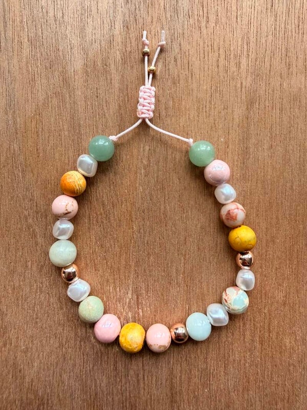 Armband Stenen Roze, Geel met Parelachtige Kraal