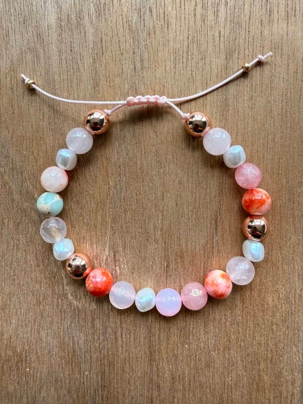 Armband Stenen Roze met Parelachtige Kraal