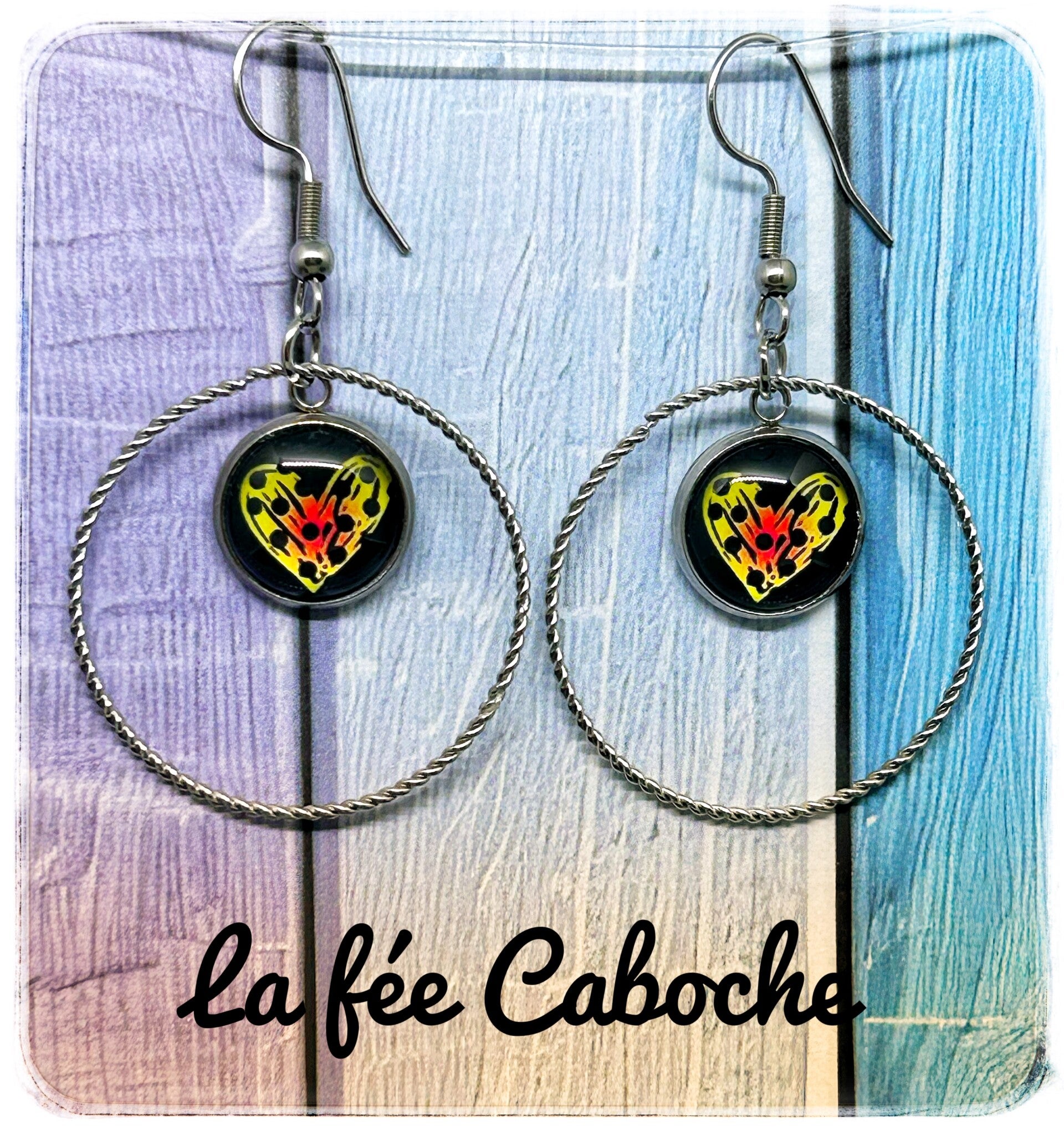 Créoles cabochon papillon coeur jaune