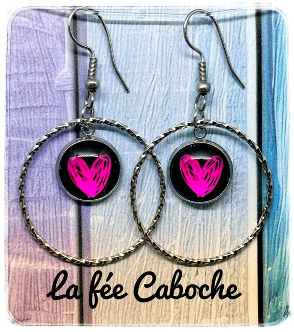 Créoles cabochon papillon coeur rose