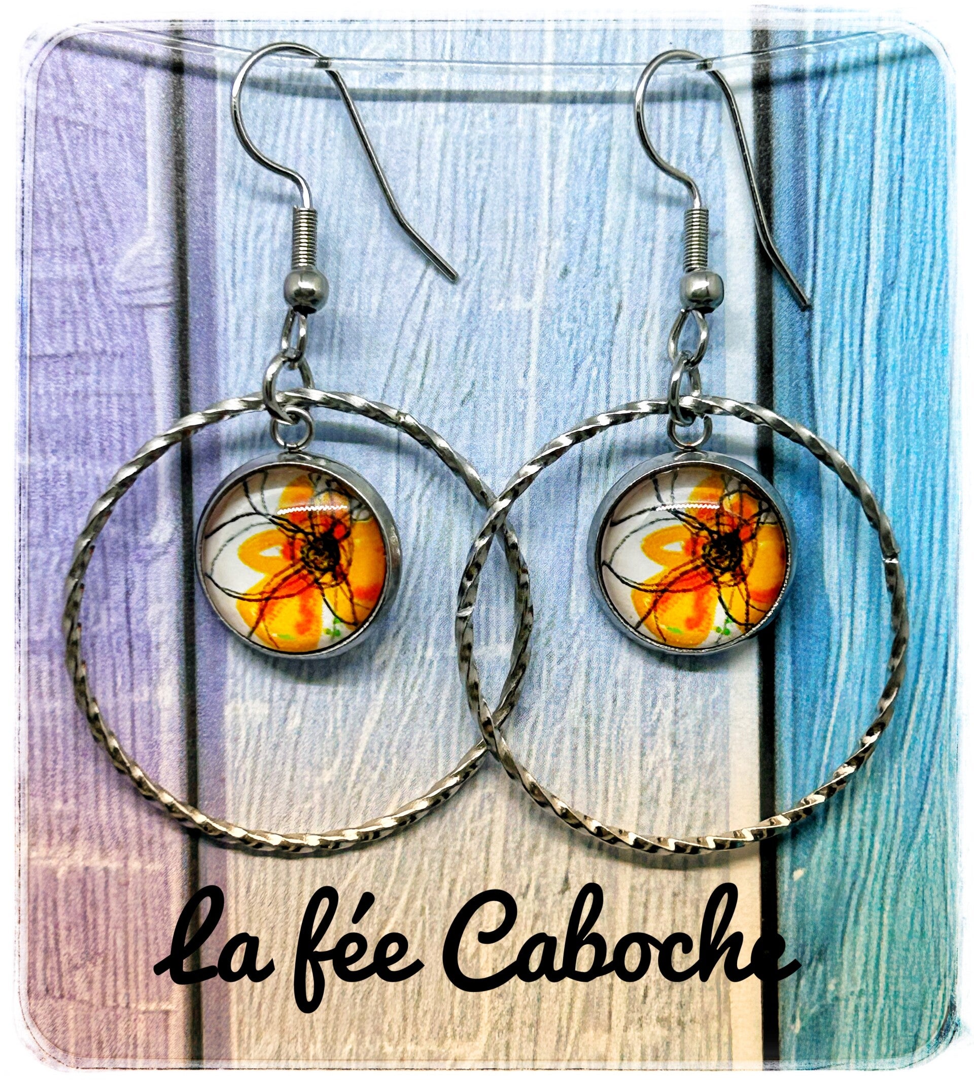 Créoles cabochon fleur orange