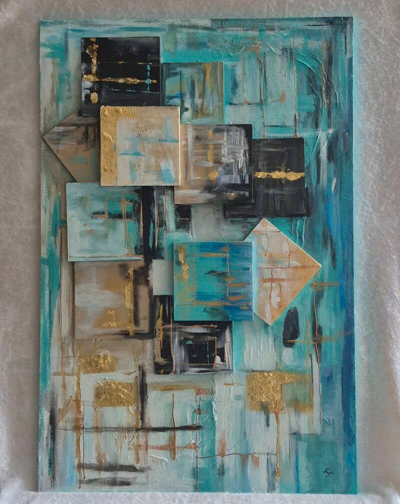 Mixed media abstract schilderij – moderne geometrische kunst in turquoise en goud