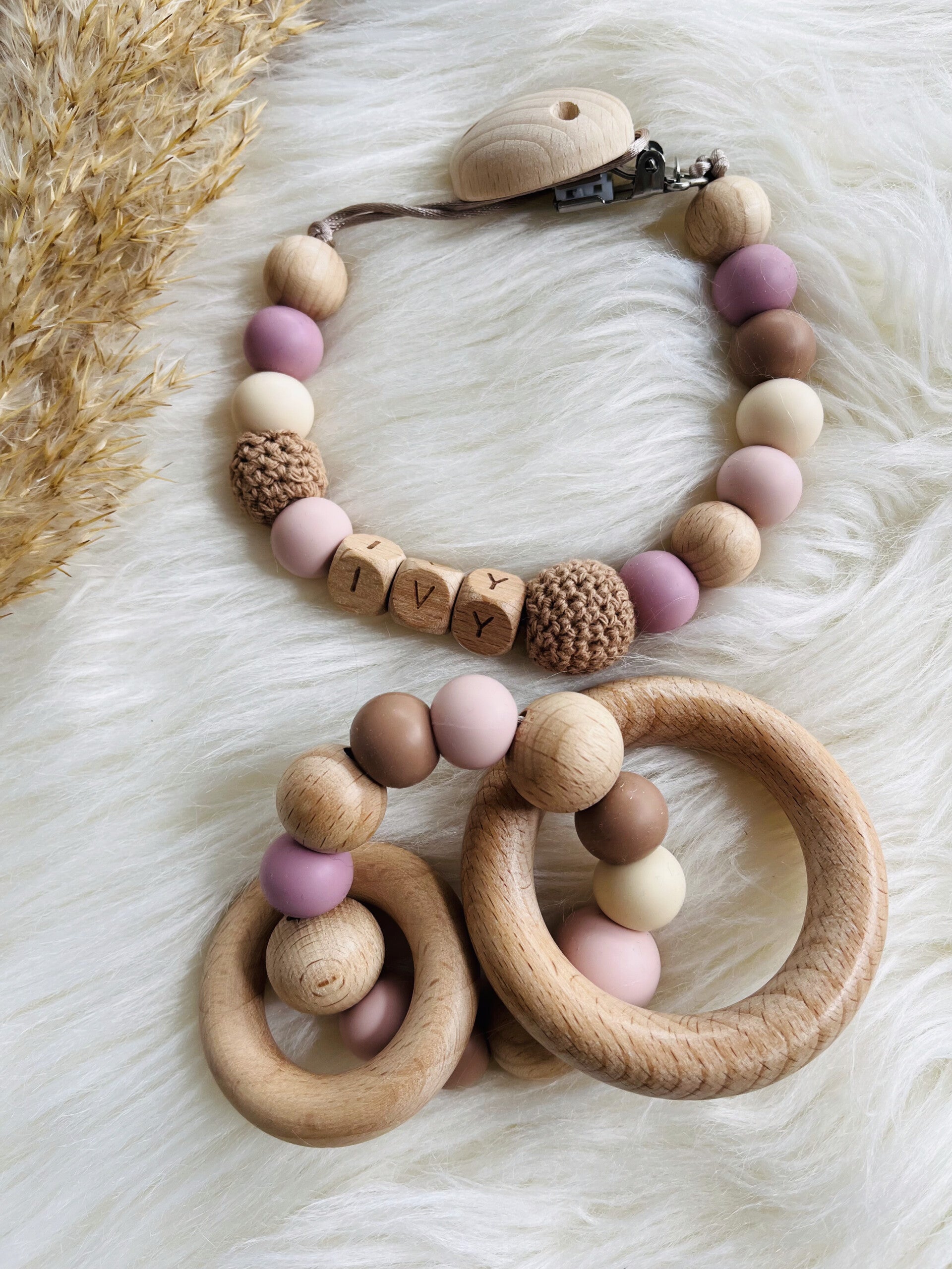 speenkoord en bijtring roze/bruin