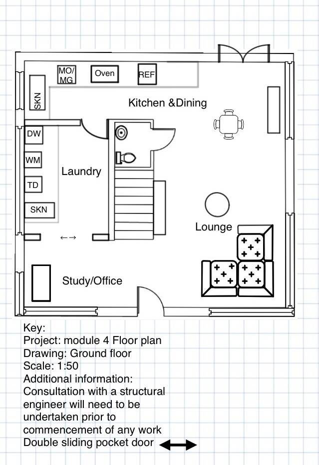 A scaled  1:50  redesigned floor plan to meet clients' requirements.  Modified  from the original floor plan.  