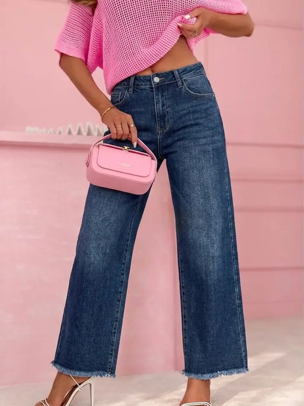 Stoere Wide Leg Jeans met Gerafelde Zoom – l tot Grote Maten