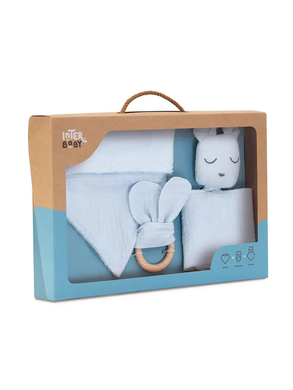 Set Knuffeldoekje, Bandana En Blauwe Mousseline Bijtring Interbaby