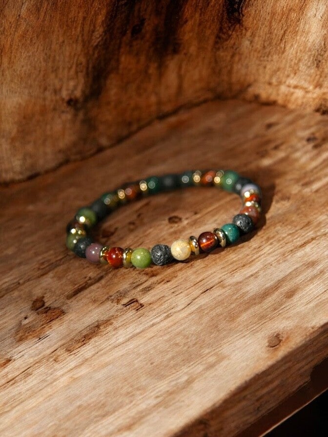 Armband - Indischer Achat, rotes Tigerauge & Lavastein mit Goldperlen