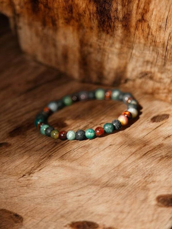 Armband - Indischer Achat & rotes Tigerauge mit Lavastein