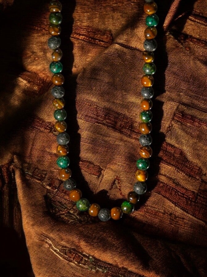 Halskette - Afrikanischer Türkis mit gelbem Tigerauge & Lavastein