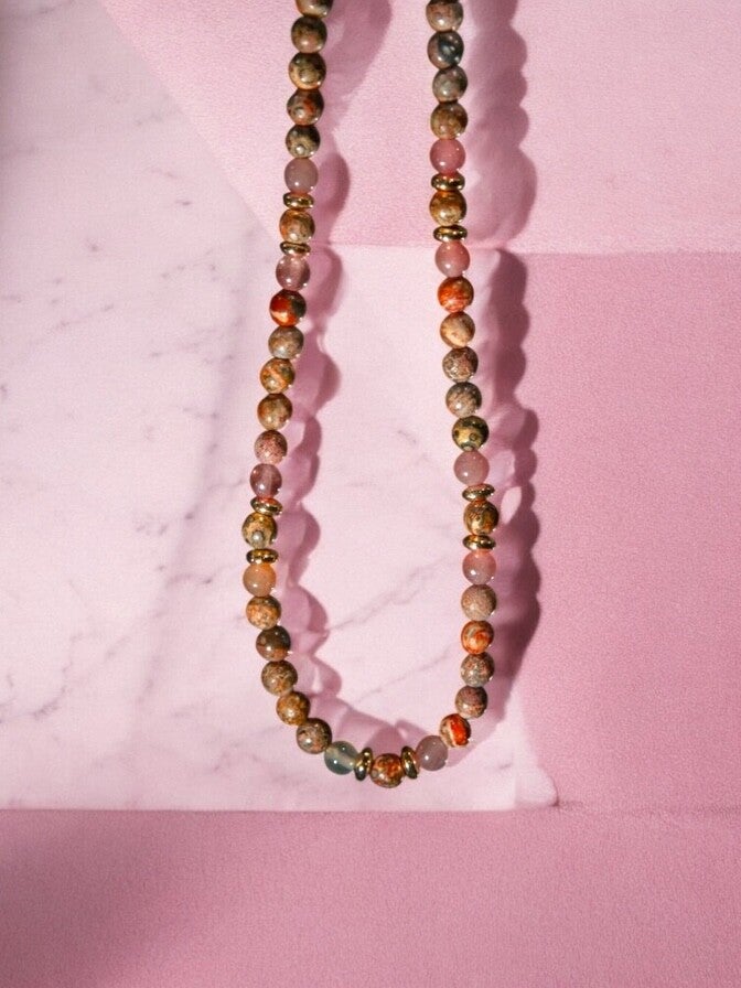 Halskette - Leoparden Jaspis & Sonnenstein mit Goldperlen